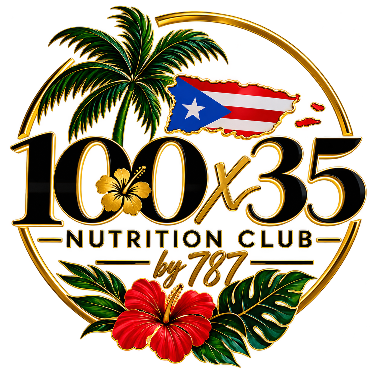 100x35 Nutrition Club by 787 logo with Puerto Rican flag, palms and hibiscus